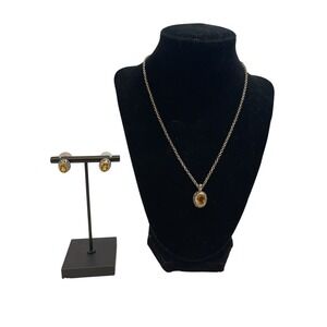 Oval Yellow Pendant Necklace and‎ Stud Earrings Jewelry Set